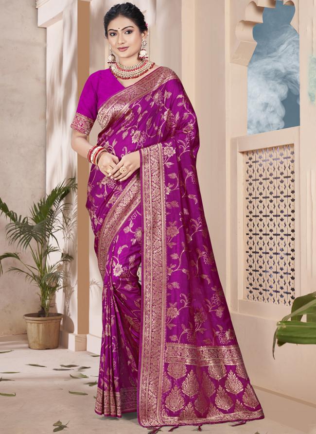 Silk Violet Wedding Wear Zari Work Saree